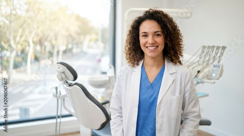 Cheerful young dentist portrait in the background of an office, friendly professional healthcare provider in a clean modern clinic setting, soft natural light, realistic detail, clean composition,