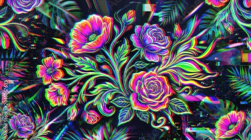 Psychedelic floral pattern with neon colors and chromatic aberration on retro digital texture, glitched nature background for summer festival flyers, electronic music visuals and creative posters,