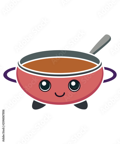 Smiling Kawaii Casserole Pot and Spoon with Brown Stew on Teal Badge Emblem.
