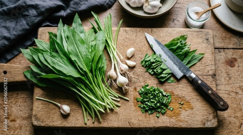 Fresh wild garlic leaves arranged on a cutting board with kitchen knife and garlic bulbs, raw garlic greens in a food preparation scene for seasonal cooking, herb branding and rustic kitchen