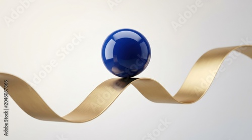 Glossy blue ball balancing on a wavy ribbon, minimal abstract balance, luxury design and fluid motion concept for commercial advertising and modern editorial use with polished visual appeal and strong