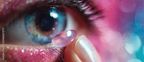 Close-up of a person placing a contact lens on their eye, with vibrant pink and blue background and sparkling makeup.