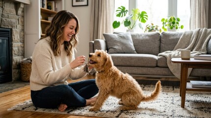 Woman playing with her dog in cozy living room, happy pet owner bonding with cute companion, warm home lifestyle and domestic comfort, high resolution stock photo, realistic detail, natural light,