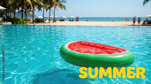 Summer concept with inflatable watermelon and yellow summer text on turquoise blue background with copy space, playful seasonal design with bright color blocking and strong appeal for summer