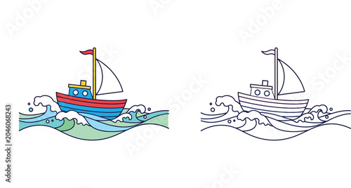 Tableau sur toile Colorful cartoon boat on ocean waves and matching black and white line art outline for coloring book page, nautical vessel illustration set isolated on white background for kids design