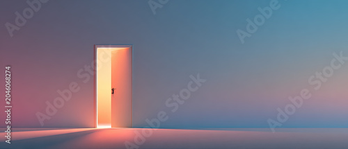 Minimalist interior with an open door casting colorful light and shadows, symbolizing opportunity, choice, and new beginnings.