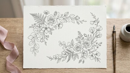 Floral hand-drawing composition, elegant botanical line art inspired layout with soft decorative balance and modern creative appeal for stationery, branding and wedding themes, clean surface, refined
