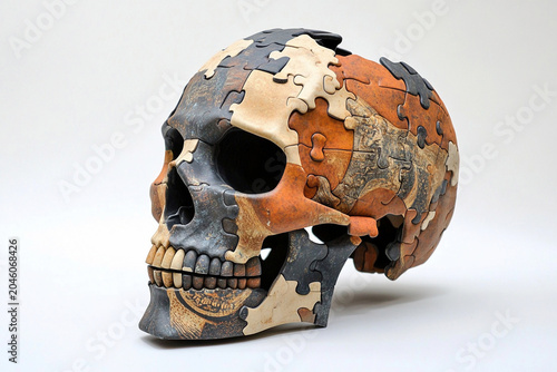 Puzzle pieces unite in an ancient riddle skull, showcasing artistry and mystery
