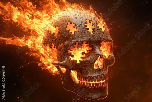 Flaming puzzle skull ignites creativity and mystery in dark atmosphere