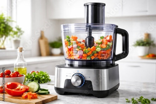 Fresh vegetables get chopped in a food processor on a kitchen counter with natural light