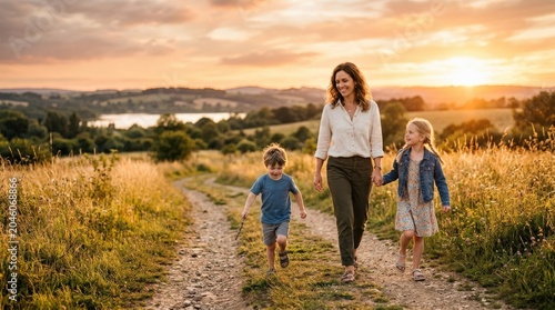 Mother with kids walking in sunset nature, warm family lifestyle with peaceful outdoor bonding, travel and golden evening atmosphere, polished commercial look soft natural light, realistic detail,