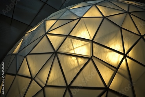 Translucent dome of geometric panels glowing softly in twilight