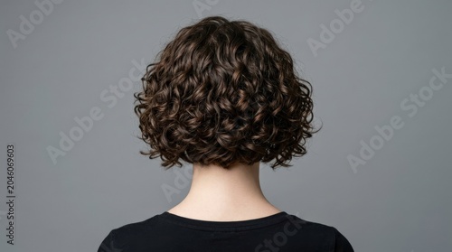 Back view of a young brunette with short curly bob hair on a gray background, hairstyle beauty portrait focused on cut shape, texture and salon inspiration, clean studio composition for haircare or