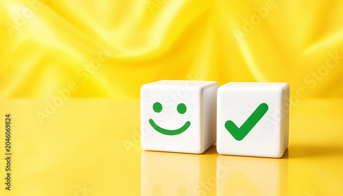 Customer Satisfaction and Quality Assurance Concept with Smiling Face and Check Mark Cubes on Bright Yellow Background, Positive Feedback Rating, Successful Service Evaluation and Business Excellence