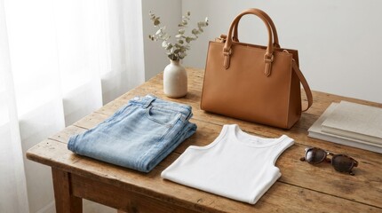 Stylish handbag on table with casual denim and white tank top, modern fashion still life for retail, accessories and everyday style themes, curated styling, clean composition, soft natural light,
