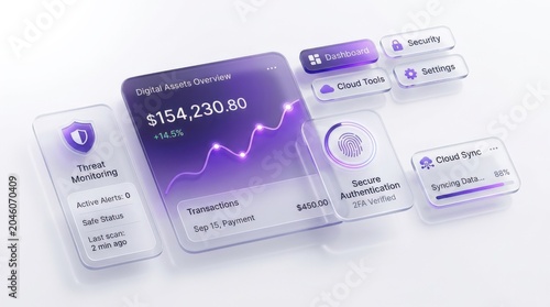 glassmorphism violet tech UI elements, sleek glassmorphism object for app UI, fintech, security, cloud tools and digital branding, isolated on white background, glossy form, minimal commercial style,