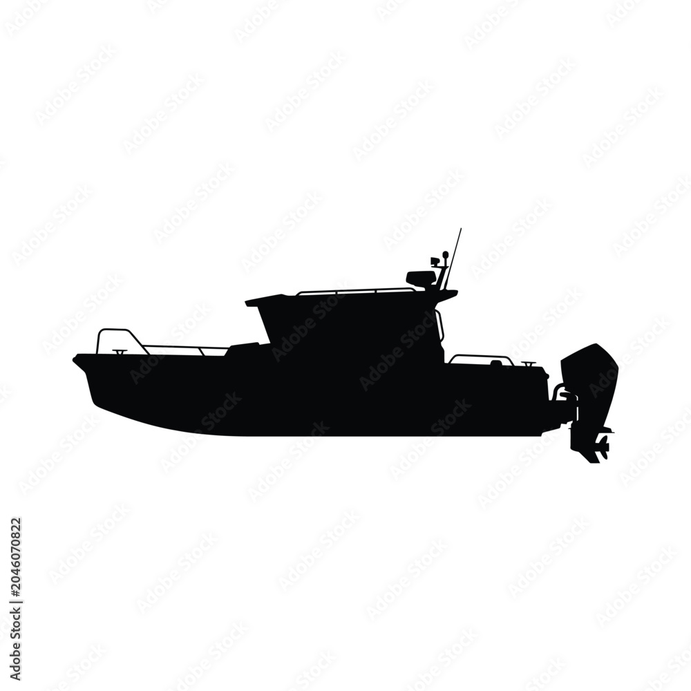 Fototapeta premium A sleek boat silhouette floats on calm waters near a scenic coastal landscape with a lighthouse in the distance under a clear blue sky editable vector solid illustration