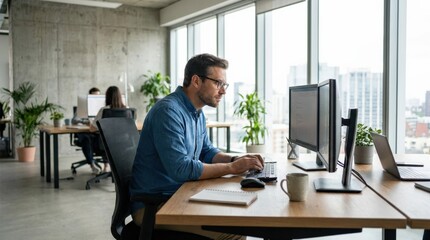 Focused man working at a computer in a modern office space, professional productivity scene with concentration, digital workflow and contemporary corporate atmosphere, soft natural light, realistic
