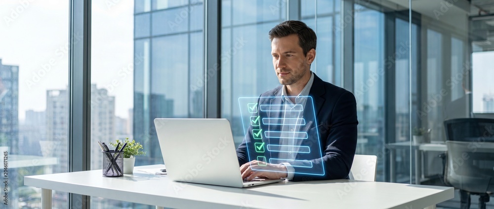 Fototapeta premium Businessman working on laptop with virtual checklist in modern office with city view