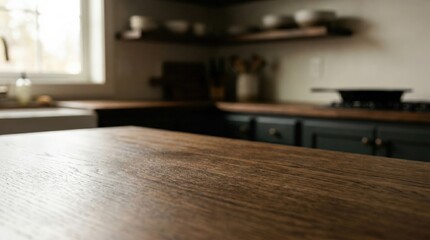 Wooden kitchen surface with clean copy space, cozy home mockup for food packaging, cookware branding and domestic lifestyle campaigns, inspired by Wooden table background of free space and blurred