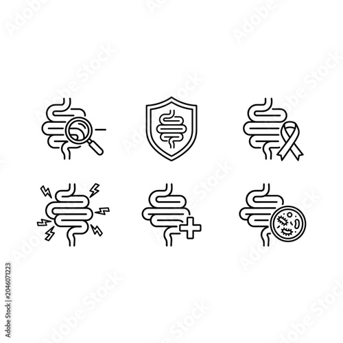 Black line icons illustrate intestines with magnifying glass shield ribbon health check and poop  editable vector solid illustration