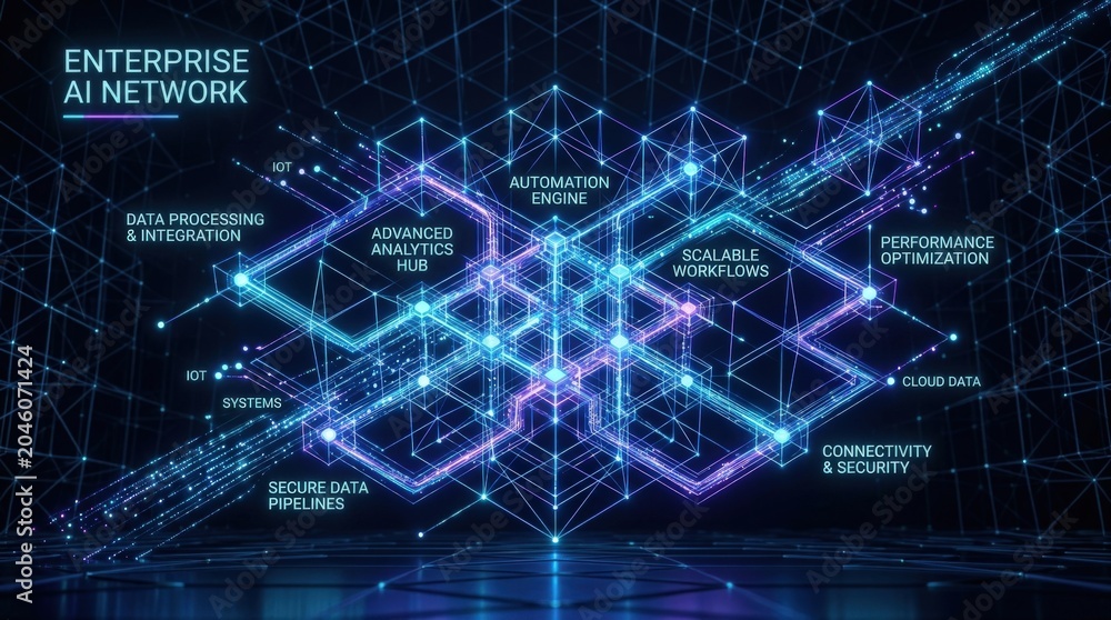 Fototapeta premium Enterprise AI network processing data through a luminous 3D lattice, optimized workflow and connectivity concept for corporate technology solutions, automation and scalable analytics, dark premium
