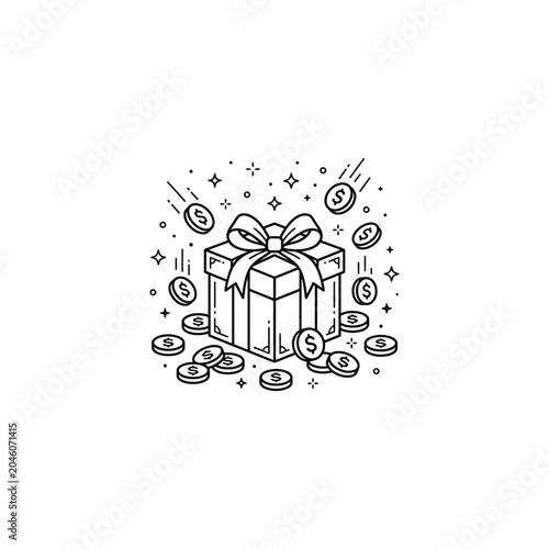 A gift box with a bow surrounded by coins and stars  editable vector solid illustration
