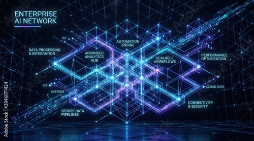 Enterprise AI network processing data through a luminous 3D lattice, optimized workflow and connectivity concept for corporate technology solutions, automation and scalable analytics, dark premium