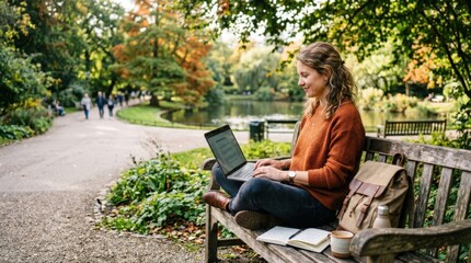 Female copywriter working remotely while sitting on a bench in a park, productive outdoor lifestyle scene with laptop, creativity and flexible work appeal for freelance and digital nomad themes,