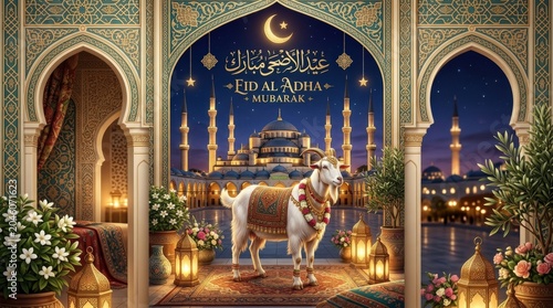 Eid al Adha festival design with mosque, crescent moon and goat, elegant Islamic celebration concept for greeting cards, social posts and holiday branding, clean decorative composition, rich festive