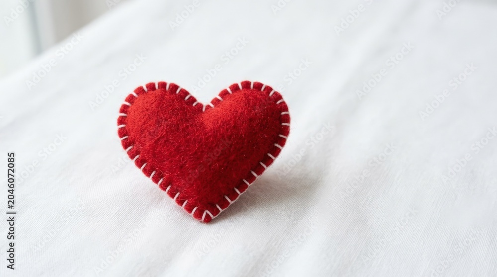 Fototapeta premium Red heart shape made of fabric with white stitching on white background for love, romance, decoration and handmade craft concept, premium commercial stock image, neutral unbranded objects, strong
