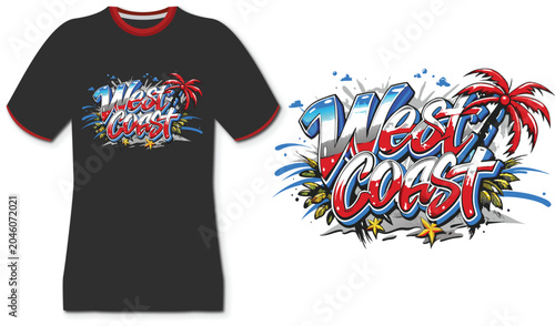 West Coast Graffiti Style T-Shirt Design with Palm Tree and Stars