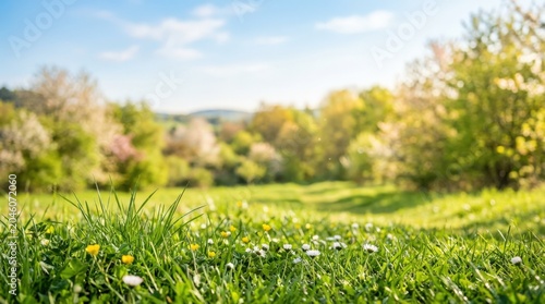 Blurred spring background with green grass meadow foreground, empty beautiful nature scene outdoors for product presentation, sunshine idyll and fresh seasonal copy space, photorealistic detail, soft
