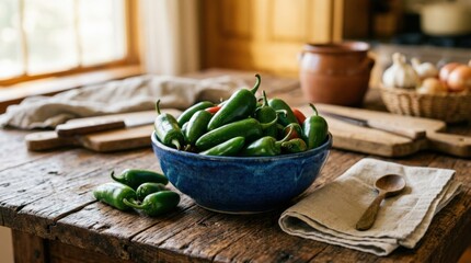Blue bowl full of jalapeno peppers on rustic table with warm background and soft lighting, Fresh chili, organic produce, harvest concept, food still life, organic produce, farm harvest, healthy