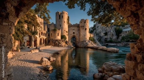 Eye-level perspective of historical castle gate framed by stone arch, golden ratio layout, soft golden hour sunlight illuminating entrance.