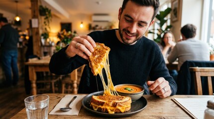 Man grabbing a piece of a grilled cheese sandwich, appetizing food moment with casual comfort and strong commercial value for cafés, snacks, lifestyle and menu themes, warm light, realistic melted