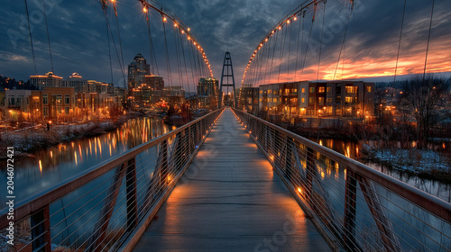 High angle aerial shot of a coastal city skyline with landmark bridge, golden ratio layout, golden hour light and light haze for realism.