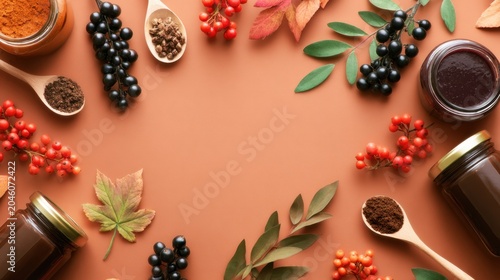 An assortment of spices and fruits arranged on a warm, earthy background with jars and leaves