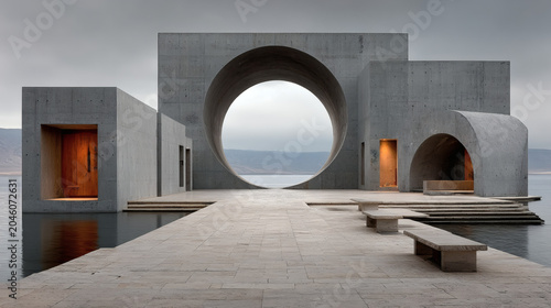 Eye-level view of a modern art sculpture park with geometric architecture, golden ratio composition, soft overcast lighting creating balanced tones. 