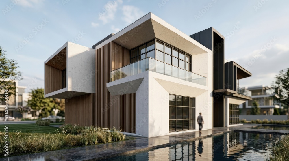 Fototapeta premium Architectural abstract design with clean lines and modern form, premium editorial background for real estate, branding and design themes, balanced geometry and elegant shadow play, soft natural light,