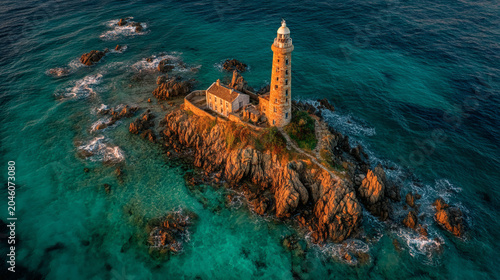 High angle drone shot of an island lighthouse surrounded by turquoise sea, golden ratio positioning of tower, midday sunlight with gentle reflection.
