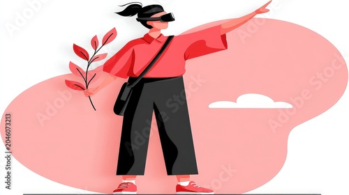 Woman in Virtual Reality Headset Holding Plant in Artistic Design