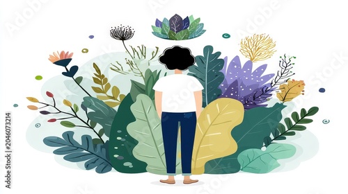 Person Surrounded by Colorful Leaves and Flora in a Vector Style