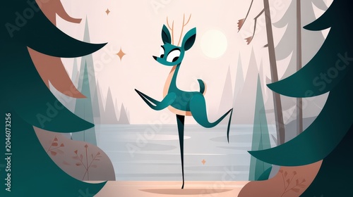 Playful cartoon deer dancing by the serene lake in the forest