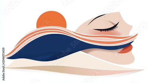 Abstract Illustration of Female Face with Sunset and Waves Elements