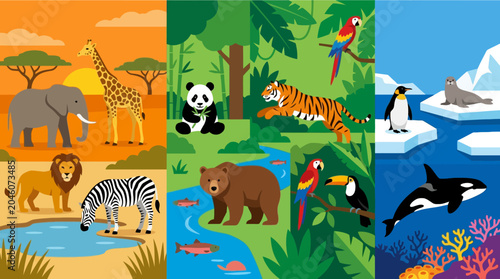 Canvas Print Colorful cartoon wild animals collage.