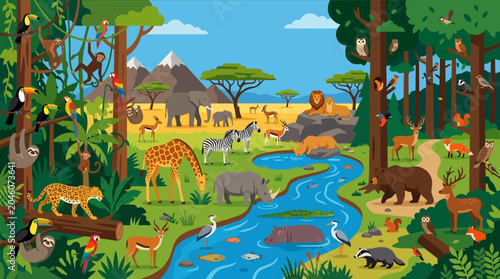 Photography Colorful illustration of African wildlife.