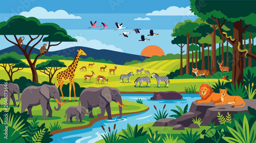 Fotografie Colorful illustration of African wildlife.