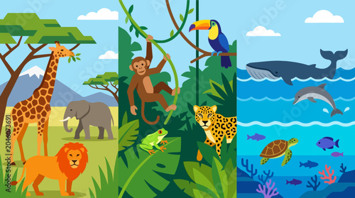 Photography Colorful illustration of jungle and ocean animals.