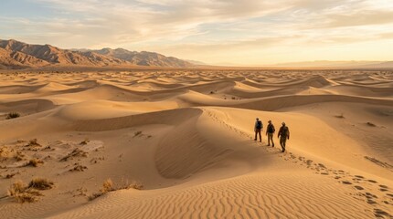 Desert and dunes landscape, rolling sand hills, dry wilderness, travel adventure, natural patterns and warm horizon background, high resolution stock photo, realistic detail, natural daylight, clean
